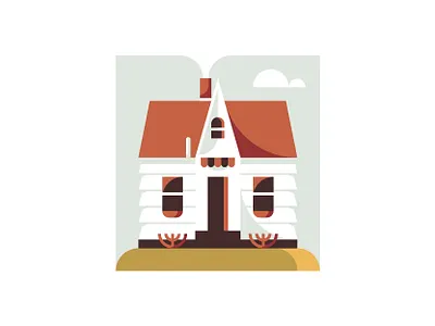 A Brisk Afternoon bush chimney cloud country curtains door hill home house house illustration midwest roof simple smoke tiny house vector windows wood