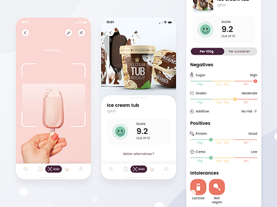 Food advisory app app design daily ui challenge dailyui flat food app food app ui scanner score ui ux