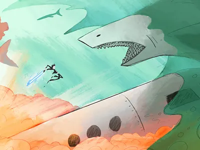 Elvis vs Shark applepencil color composition explosion illustration pastel shark