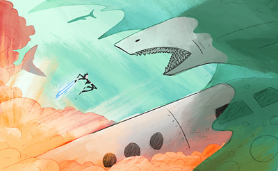 Elvis vs Shark applepencil color composition explosion illustration pastel shark