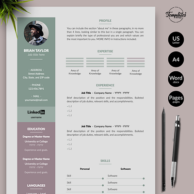 Modern Resume for Word & Pages “Brian Taylor” 1 page resume 2 page resume 3 page resume clean resume sample combination resume cv template elegant cv resume letter template masculine resume modern resume professional resume resume downloadable resume for pages resume for word resume template resume with photo simple resume sample