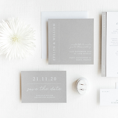 Grey and White Minimalist Wedding Invitation graphic design minimalist print design wedding invite wedding stationery