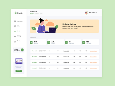 Manage Pitch Leads dashboard design illustration minimal pitchdeck reports ui ux webapp webapplication