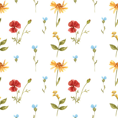 illustration branding design fabric illustration poppies retro style scarlet blue tropics watercolor wildflowers yellow