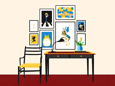 Gallery wall art blue chair desk frames furniture gallery idea illustration illustration art inspiration room study vector vector art wall yellow