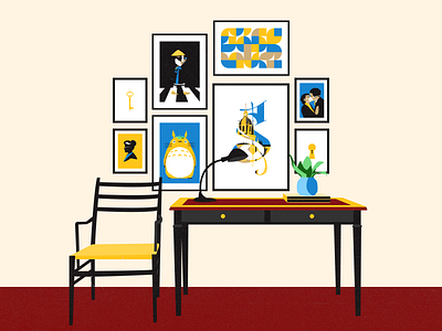 Gallery wall art blue chair desk frames furniture gallery idea illustration illustration art inspiration room study vector vector art wall yellow