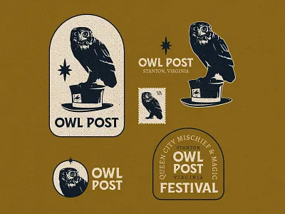 Owl Post Badges badge branding design illustration illustrator joker lettering logo magic stamp top hat typography vector