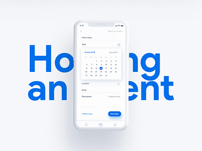 Host an event - Mobile App blue calendar card design event event aoo flat flat ui form hosting minimal mobile uiux