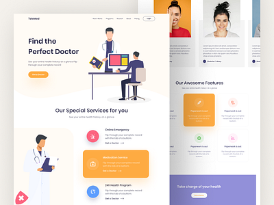 TeleMed Landing Page color covid covid 19 design doctor features illustration landing page medical medication medicine minimal service typography ui ux web website