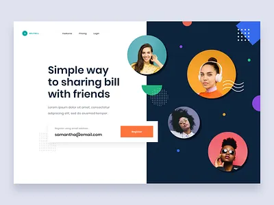 #Exploration - Landing Page for Split Bill App clean color design desktop geometric homepage landing landing page ornament shape solid ui ux web website whitespace