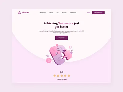 Booster 3d achieve button desktop features hero section illustration landing page logo pink product design rating teamwork website