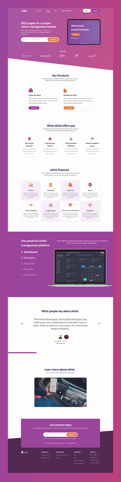 eVisit 1 check in customer desktop footer gradient icons illustration landing page management system mockup product design video visitor website design