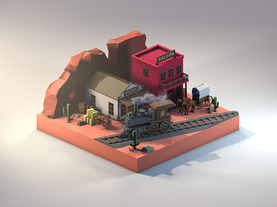 Wild West 3d 3dart 3dillustration 3dmodeling cinema4d desert diorama illustration isometric low poly lowpoly lowpolyart railroad renders train wild west