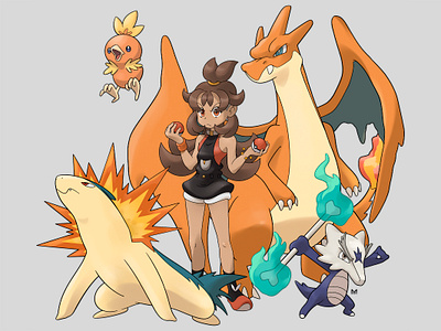 Fire type team characterdesign charizard digital illustration digitalart marowak pokémon pokémonfanart procreate team torchic trainer typhlosion