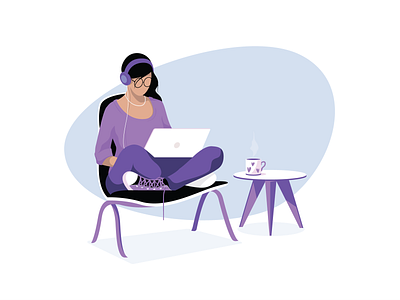 Learning process converse design girl headphone illustration illustrative laptop learning office remote room tea ui vector