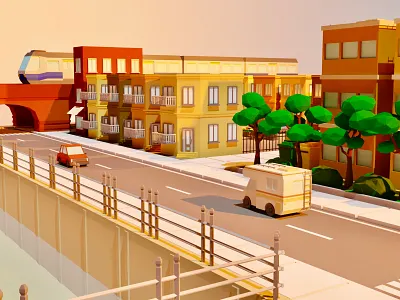 On the way home 3d 3d art blender blender3d building car city environment environmental game art game asset gamedesign house illustration low poly lowpoly3d lowpolyart rv sunset vehicles