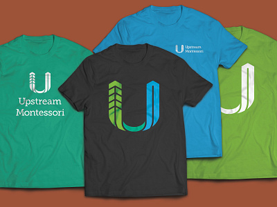 Upstream Montessori T-shirts bold color branding design education icon logo minnesota mississippi rivers screenprint smile typography vector woods