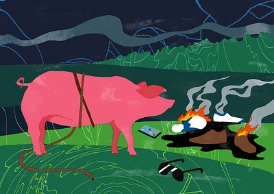 River Pig collage illustration mystery painting pig