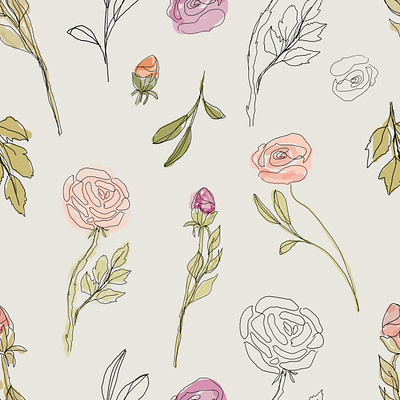 seamless pattern with roses and peonies boho botanical digital paper dribbbleweeklywarmup fabric flower illustration logo outline peonies print roses sketch spring textile watercolor