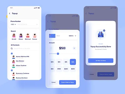 Digital Wallet App - Top Up app design app ui design contact list illustration interaction interface mobile mobile app mobile ui popup recharge success message successful topup ui ui design uidesign uiux wallet wallet app