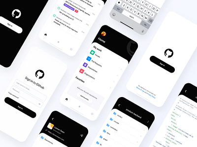 Github App Redesign (Concept) app black clean dark files github home ios issues login mobile modern repositories tabs tickets ui ui kit uiux user interface ux