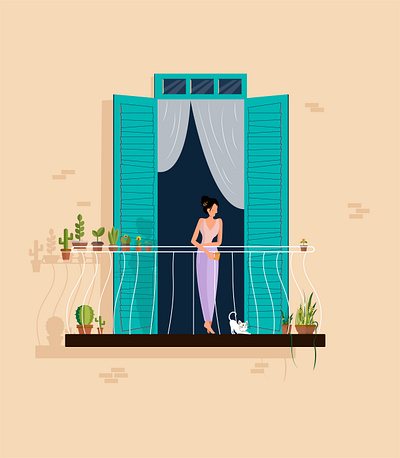 Girl in Balcony animation balcony vector design flat girl girl drinking coffee girl drinking tea girl illustration girl in balcony girl with cat girly illustration illustrator minimal vector