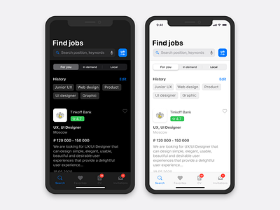 HeadHunter Redesign Concept app cleaner dark mode design ios job job finder job search jobs minimal mobile recruiting redisign search ui ux