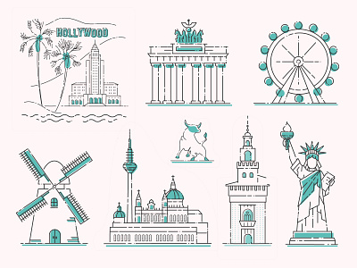 Landmarks Around the World bigben bull flat illustration holland hollywood illustration line illustration london eye luneta marina bay merlion petronas tower sydney opera house vector vector art windmills