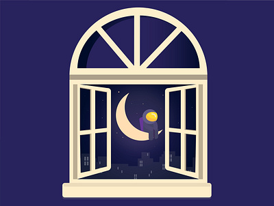 Dreamer art astronaut city design drawing illustration moon night planet purple vector window