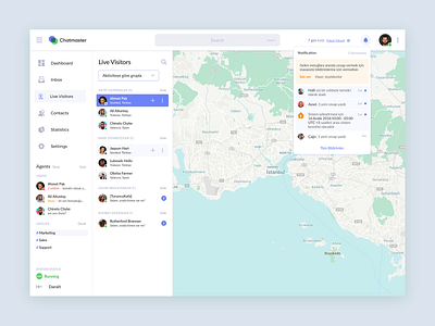 Live Visitor blue dashboard header live chat map navbar notification search visitor web design