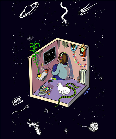 In space alone card cat character clock cockroach cute game home illustration illustrator man plant rat room snake space stars vector vectorart