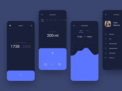 Water Intake App app blue chart clean dailyui dailyui 007 dark ui dashboard flat hydration ios iphone minimal minimalist mobile settings ui ux water