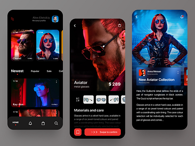 Mobile app glasses shop article blog branding colors dark app dark mode dark theme dark ui glass glasses home screen homepage homepage design interface minimal mobile mobile app product page