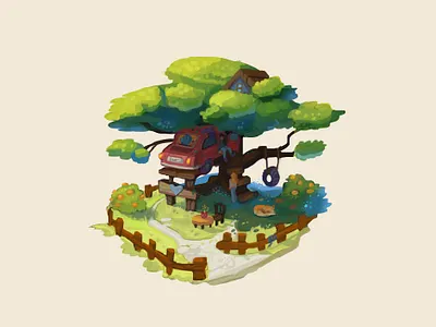 car tree house digital painting fantasy game art game artist illustration stylized
