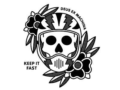 Deus Quarantee Comp apparel deus ex machina fast flower halftone helmet illustration mono line monoline motorcycle pop art racing skull tattoo typography