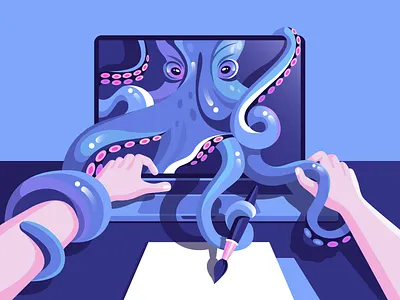 Into the deep 🐙 brush colours eyes gradient hands illustration macbook octopus screen shadows vector