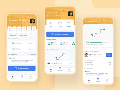 TrashBox - App to schedule your trash pickups app calendar cards dry garbage map mapviewer mobile app pickup schedule screens status track trash truck wallet waste waste management wet yellow