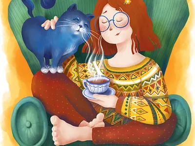 A girl with her cat armchair beverage cat coffee girl leisure peace relax sweater tea teatime together