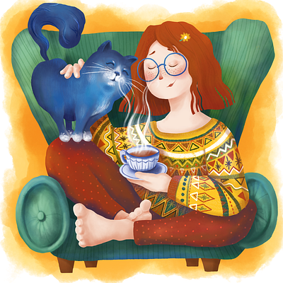 A girl with her cat armchair beverage cat coffee girl leisure peace relax sweater tea teatime together