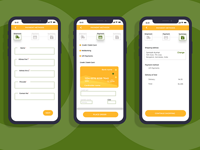 Payment Process adobe photoshop adobe xd app design green groceries india ios ios app design iphone app payment method ui yellow