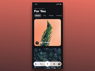 Darkmode card interactions using @principleapp animation camera cards dark mode dark ui darkmode fab figma interaction ios iphonex parallax photo sharing photography principle app profile swipe swiping ui unsplash