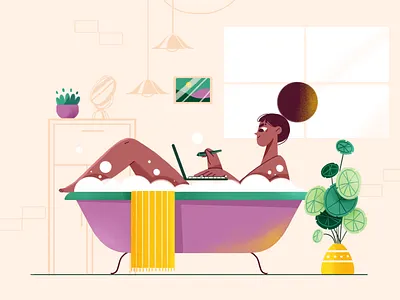 Freelance Life bath bathroom character characterdesign colors design freelance girl hair illustration illustration art laptop shower window