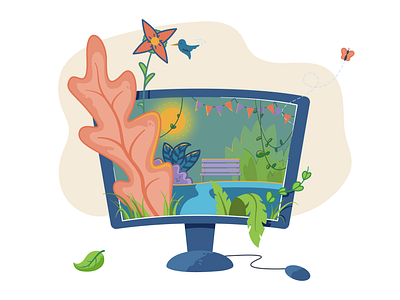 Windows butterfly computer screen dribbbleweeklywarmup dusk garden holiday hummingbird landscape leaves location outdoors outdoorsy outline park plants summertime sunset vector vector illustration