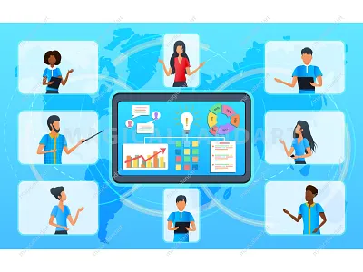 Business team in video conference business chat communication conference dialogue discussion education freelance internet magicallandart meeting mobile office online people tablet team vector video webinar