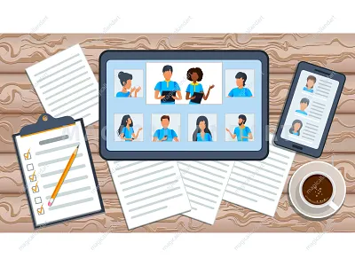 Employee engaged in video conference business chat communication conference dialogue discussion education freelance internet magicallandart meeting mobile office online people tablet team vector video webinar