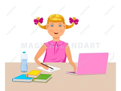 Happy schoolgirl studying homework book boy cartoon children coronavirus education girl happy home homework kids laptop magicallandart notepad online school schoolboy study vector writing