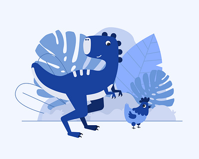 Dino and confused chicken blue character character design chicken design dinosaur dinosaurio flat illustration illustrator ui vector