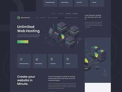 Oman Data Park - Landing Page building clean design clean ui dark mode dark ui database green hosting hosting template internet isometric illustration landing page proxy server ui ux user experience user interface