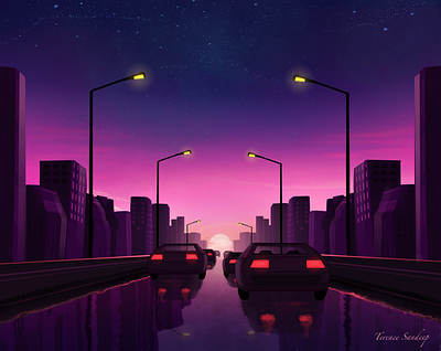 Into the night city city illustration cityscape cyberpunk night drive nightlife procreate procreate art retro synthwave tech city terence sandeep twilight