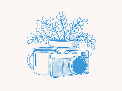 Still Life camera coffee halftone handmade illustration leaf plant plant illustration pot still life texture